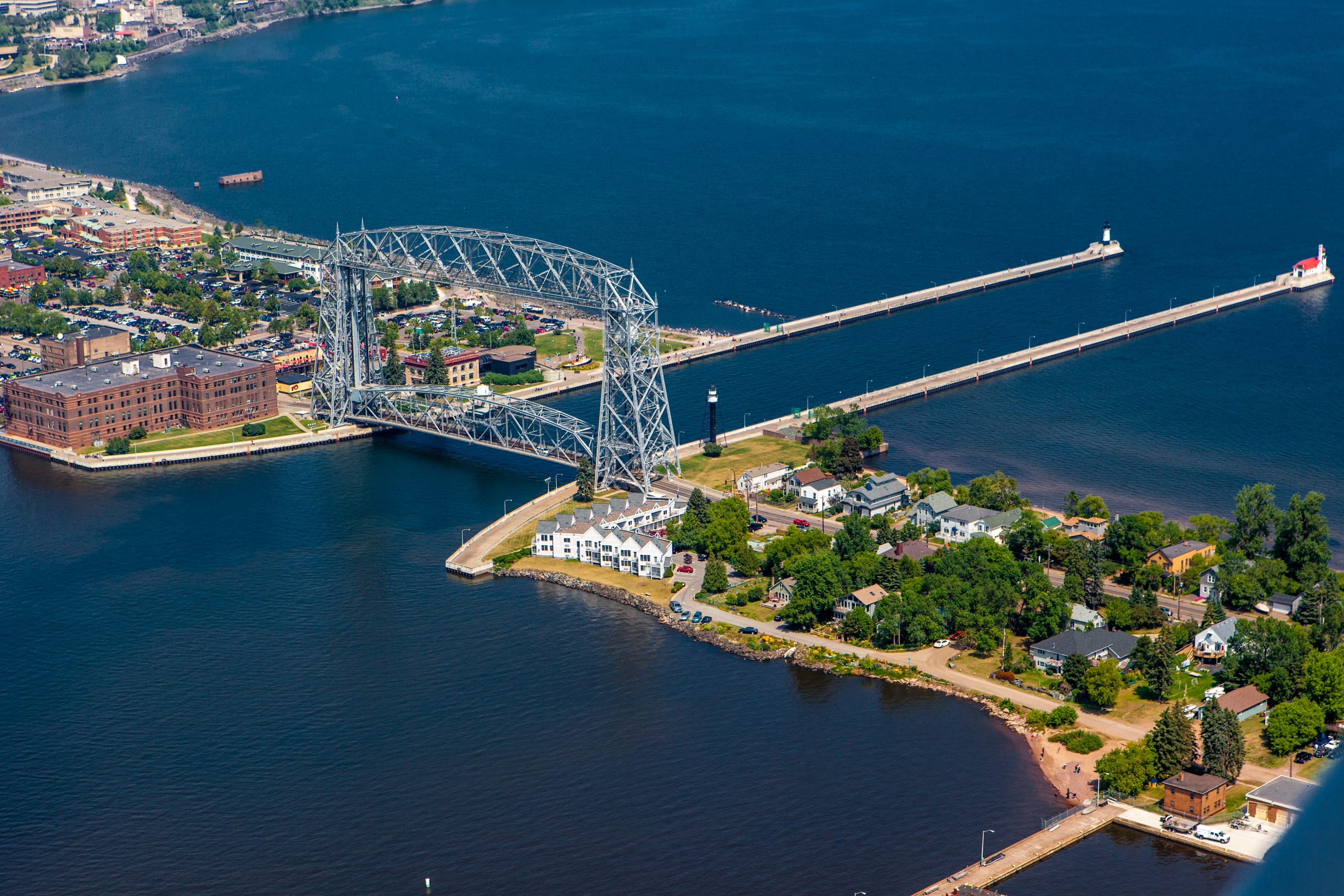 Arial shot of The Aerial Lift Bridge and canal in Duluth, MN.